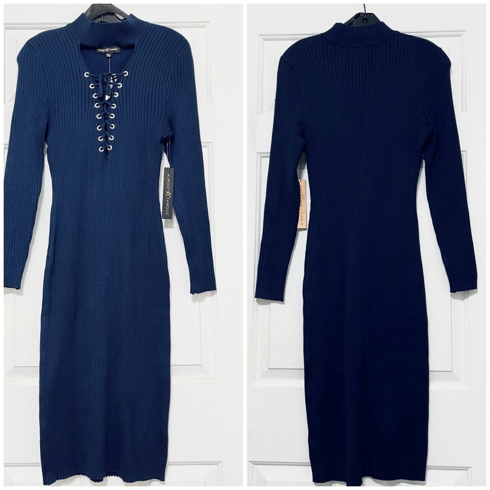 NWT Almost Famous Navy Ribbed Knit key hole long sleeve Sweater dress size 2X